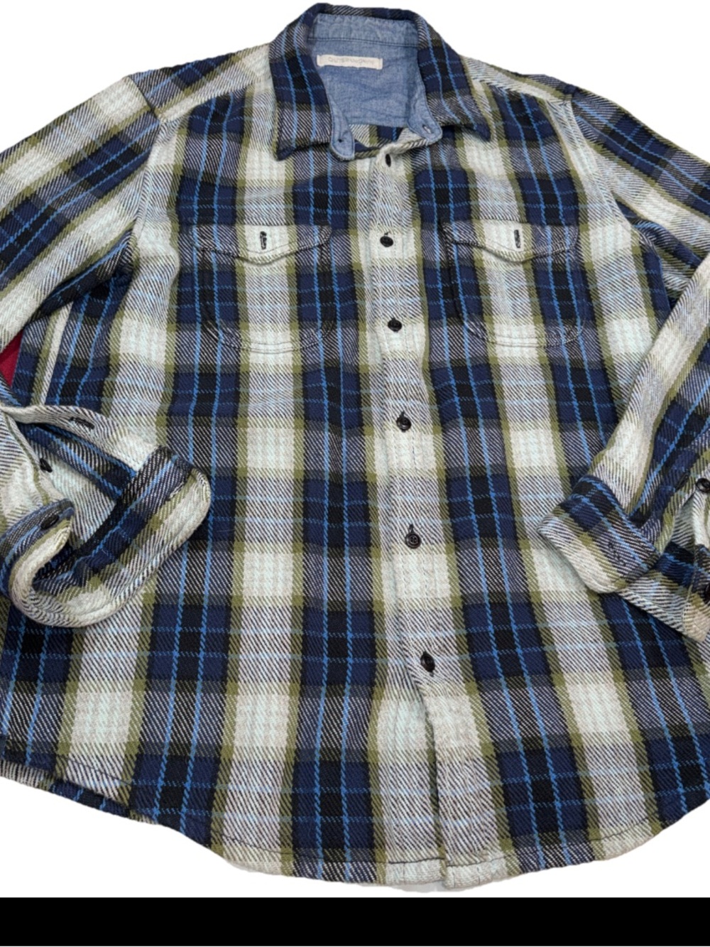 Outerknown Blanket Shirt Jacket Blue Green Plaid Organic Cotton Mens L Barn Coat